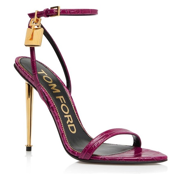 Tom Ford Padlock 105 lock cranberry leather heeled sandals sz 38.5 - Picture 8 of 17